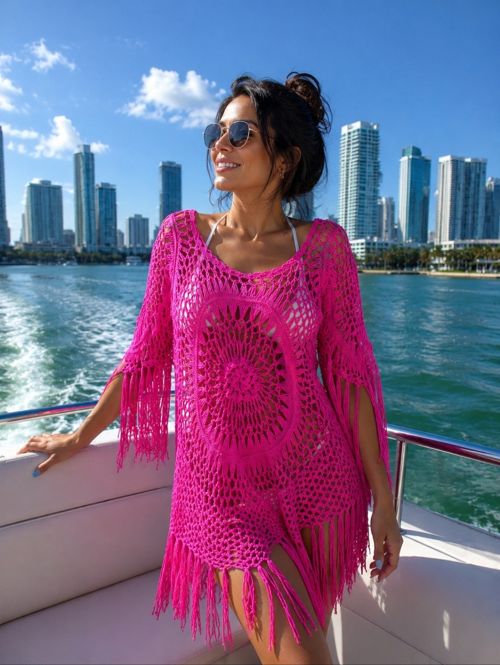 Crochet Fringe Swim Cover-Up Tunic in Hot Pink by